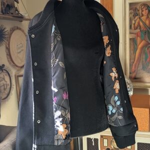 Well Worn Black Varsity Jacket with Floral Lining